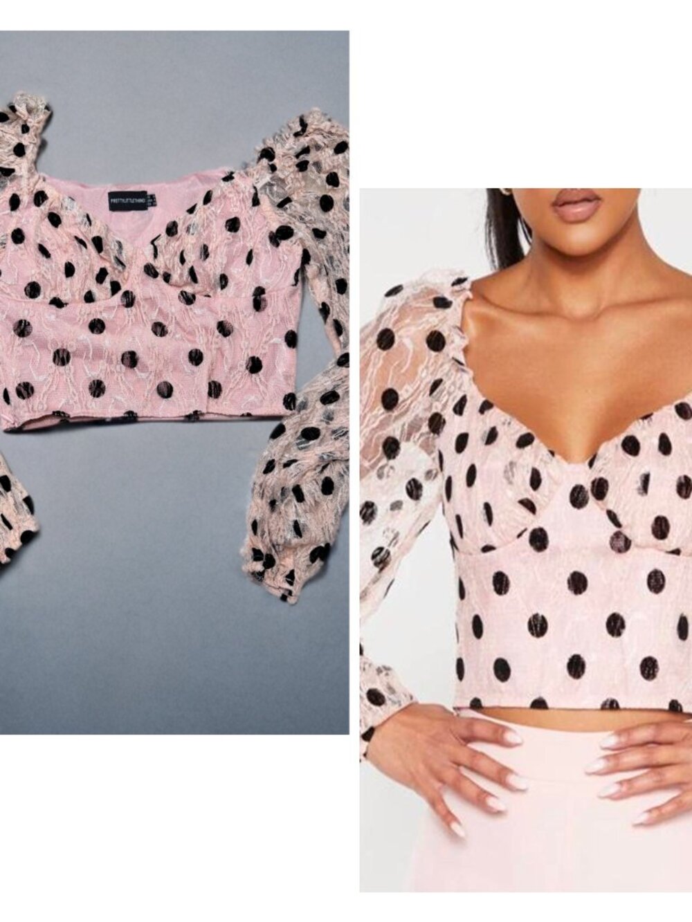 PrettyLittleThing Pink Lace Polka Dot Crop Top Puff Sleeve Y2K Coquette US 4